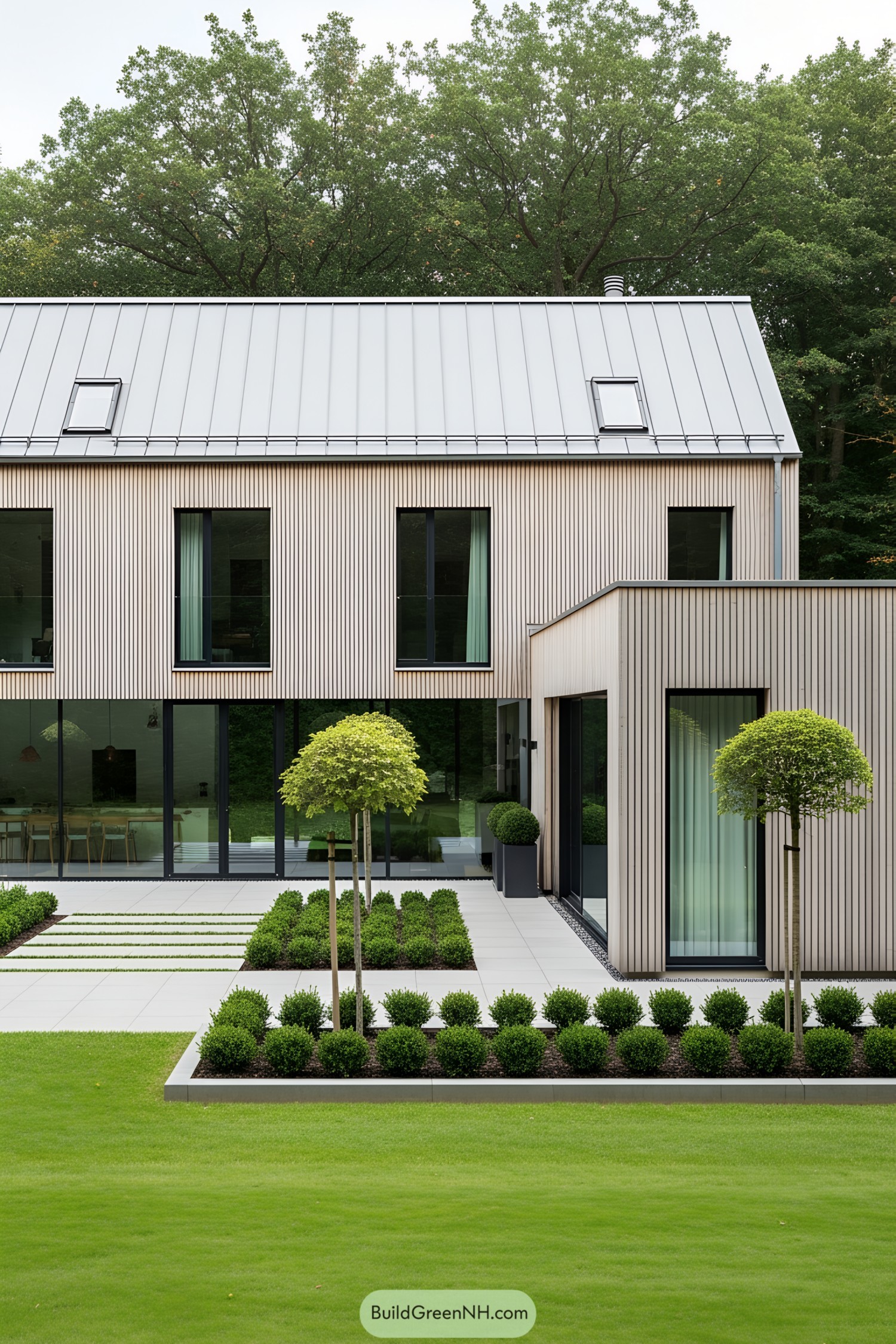 Contemporary farmhouse with sleek design elements and lush garden