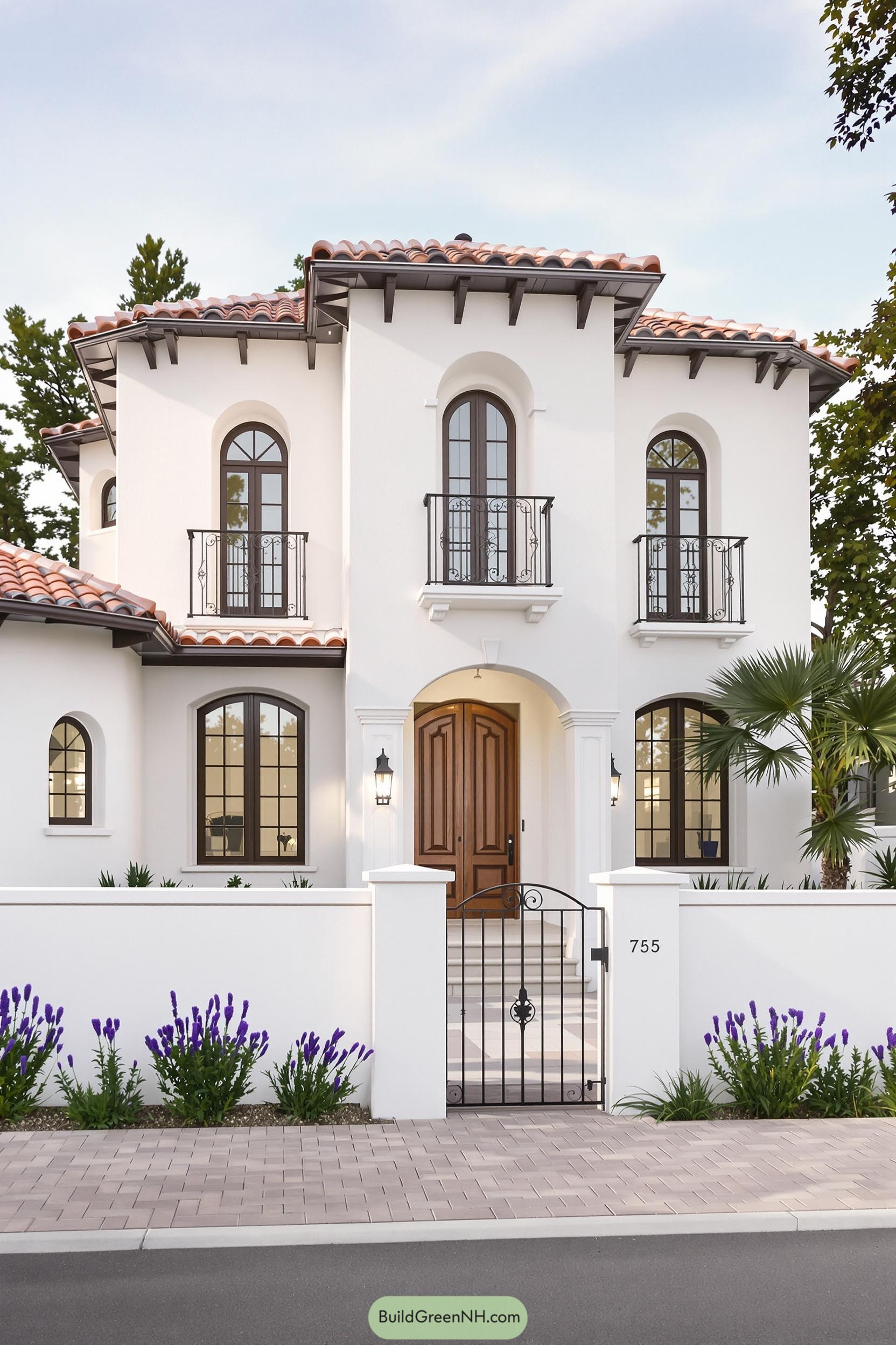 Classic Spanish Revival house with arched windows and red-tiled roof
