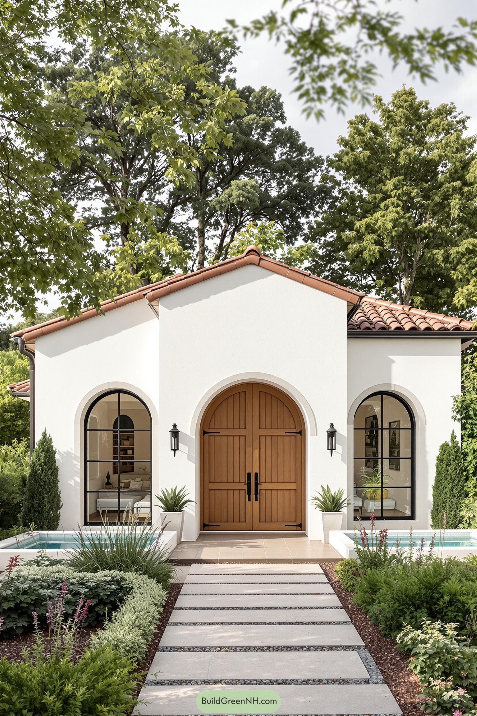 White stucco cottage with wooden door and garden path