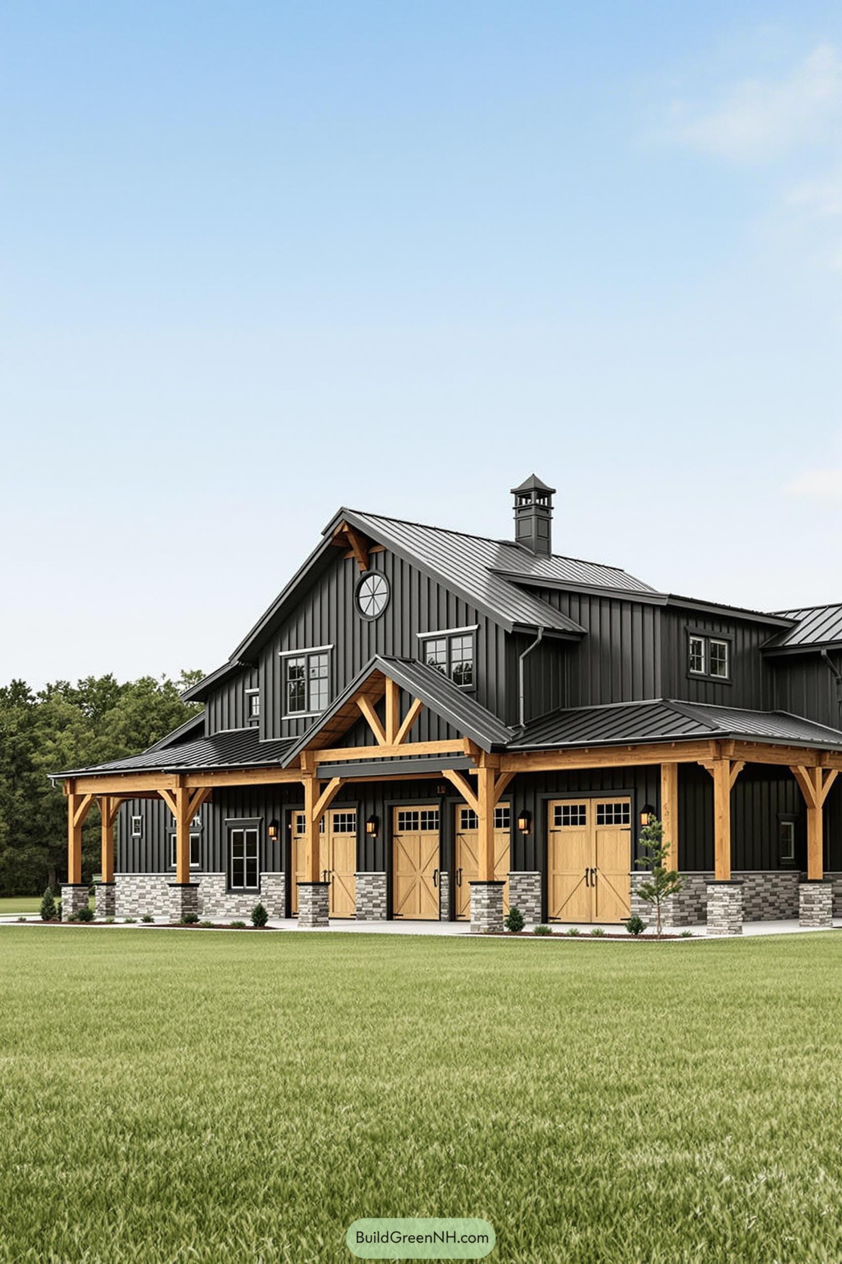 Barndominium with a shop and lush green lawn