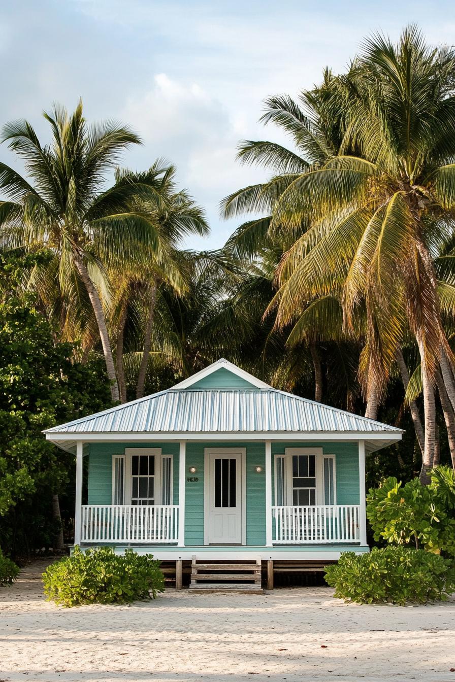 Turquoise beach shack with porch amid palm trees
