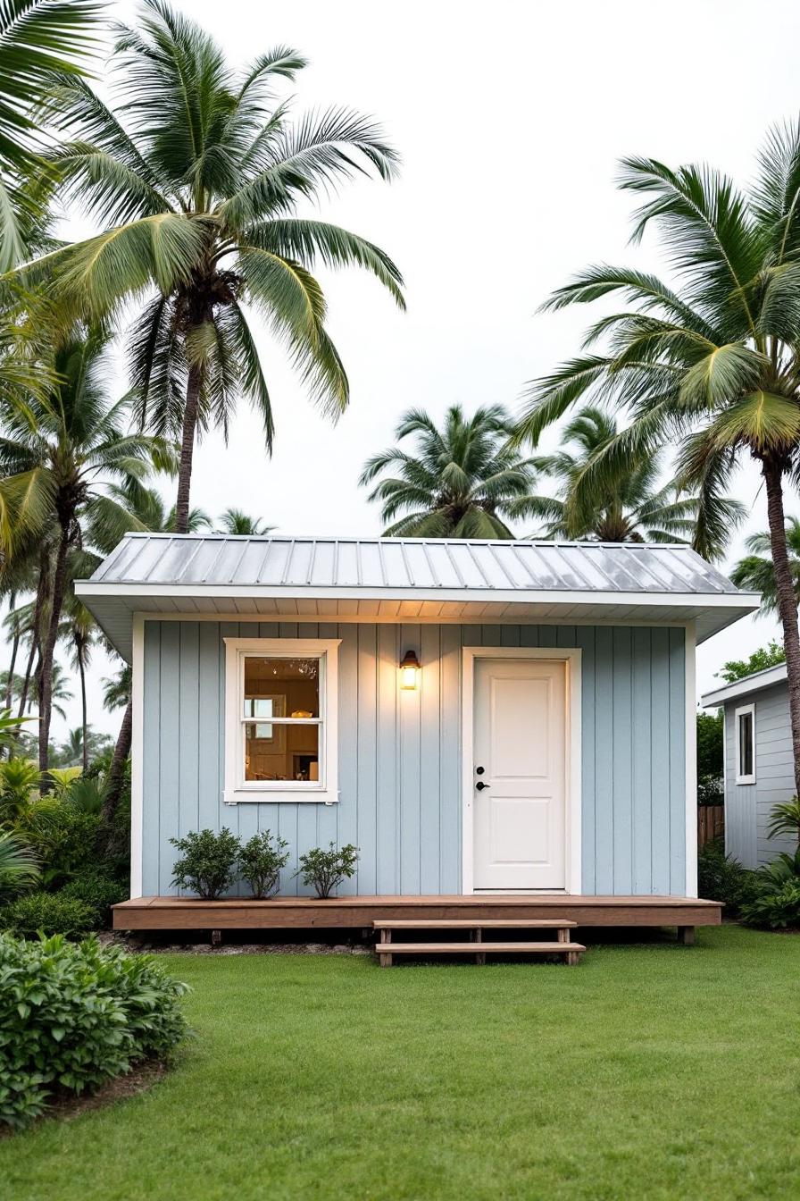 Cozy blue beach shack surrounded by palm trees