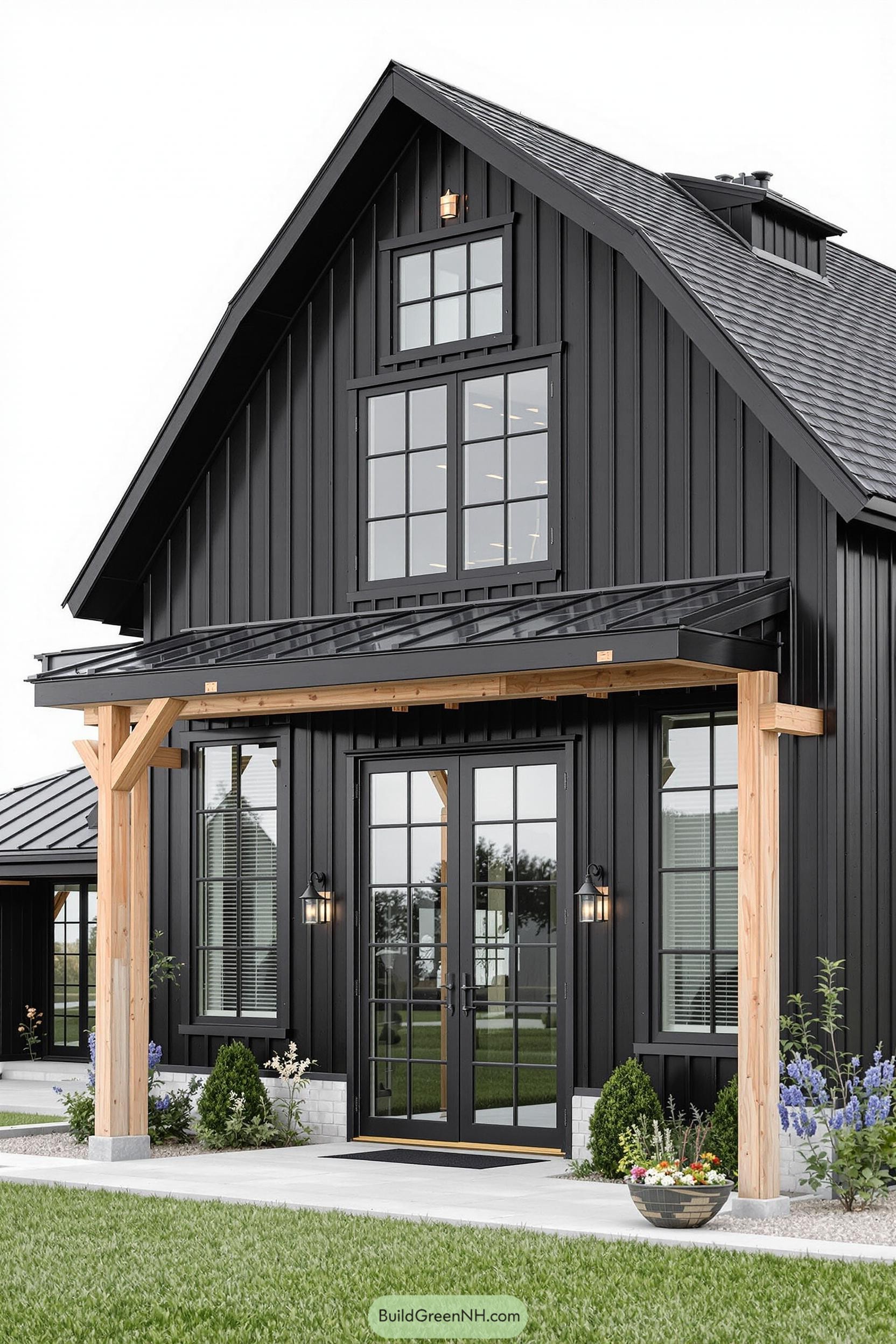 Modern black barndominium with wooden accents