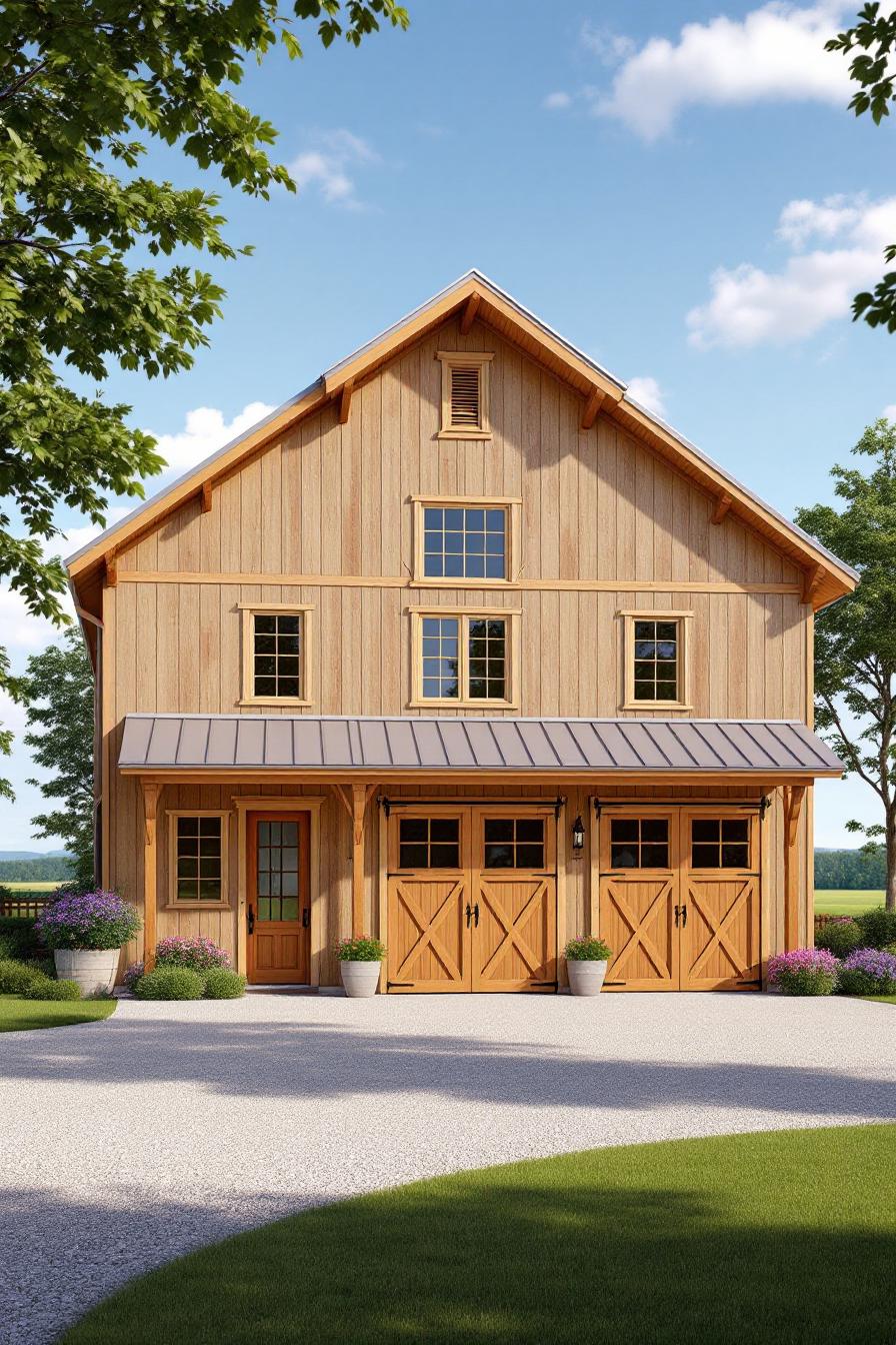 A wooden barn with a metal roof and garage doors