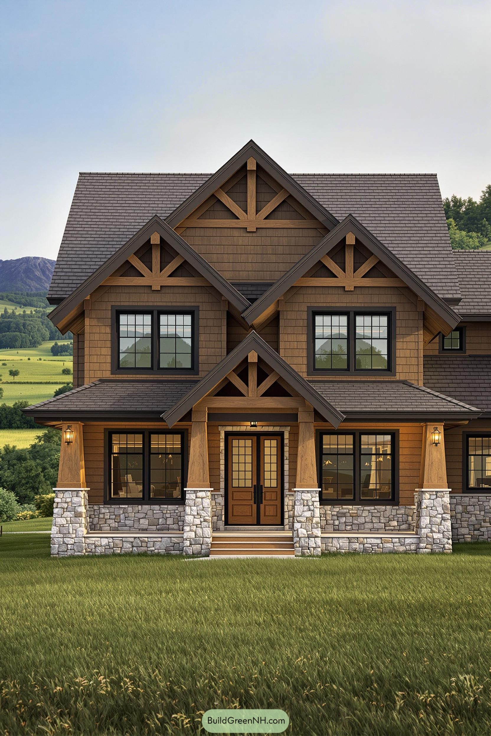A charming craftsman-style house with wood and stone accents