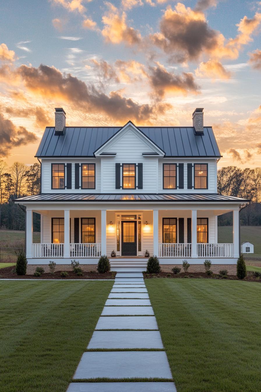 White country house with a porch at sunset