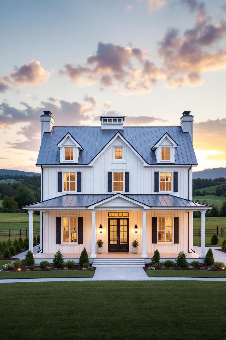 Elegant country house with a charming porch at sunset