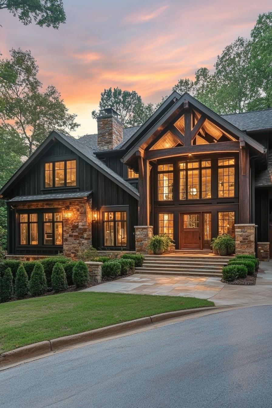 Front of a craftsman-style house at sunset