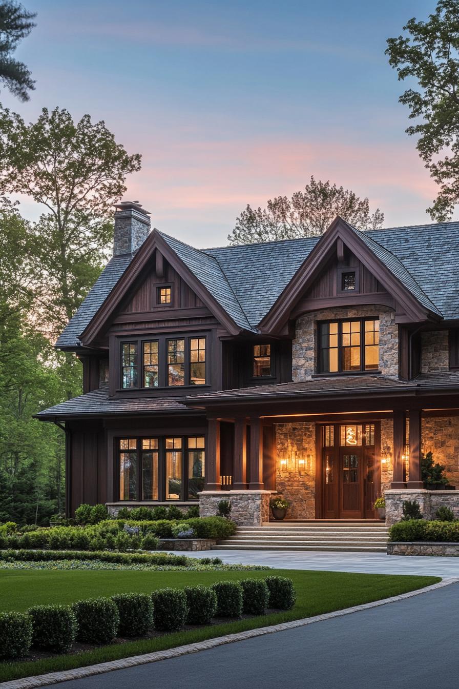 Elegant craftsman house with stone and wood features at dusk