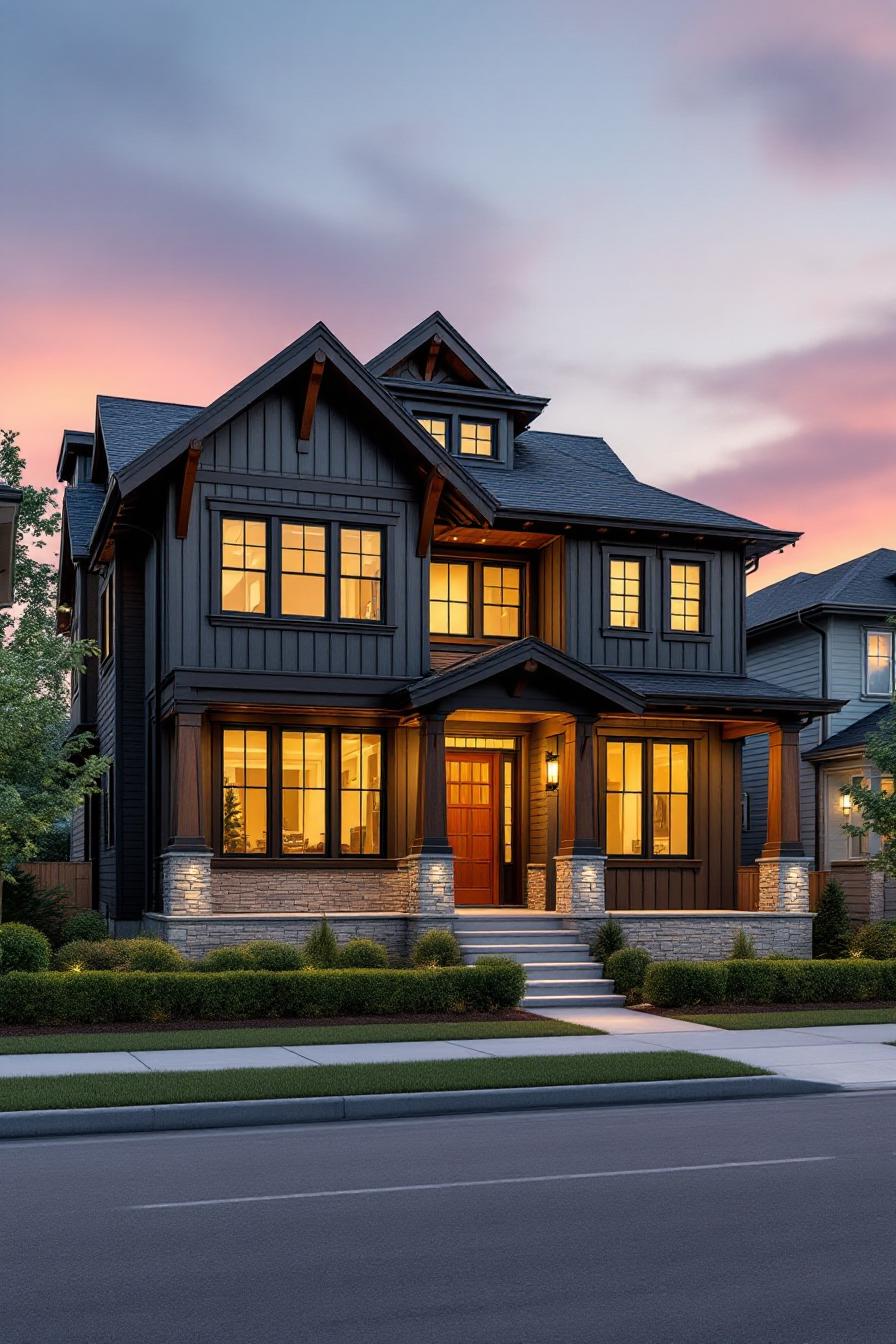 Contemporary craftsman home at dusk with lights glowing warmly