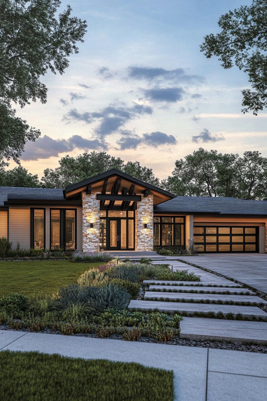 Modern ranch house with stone accents and landscaped yard