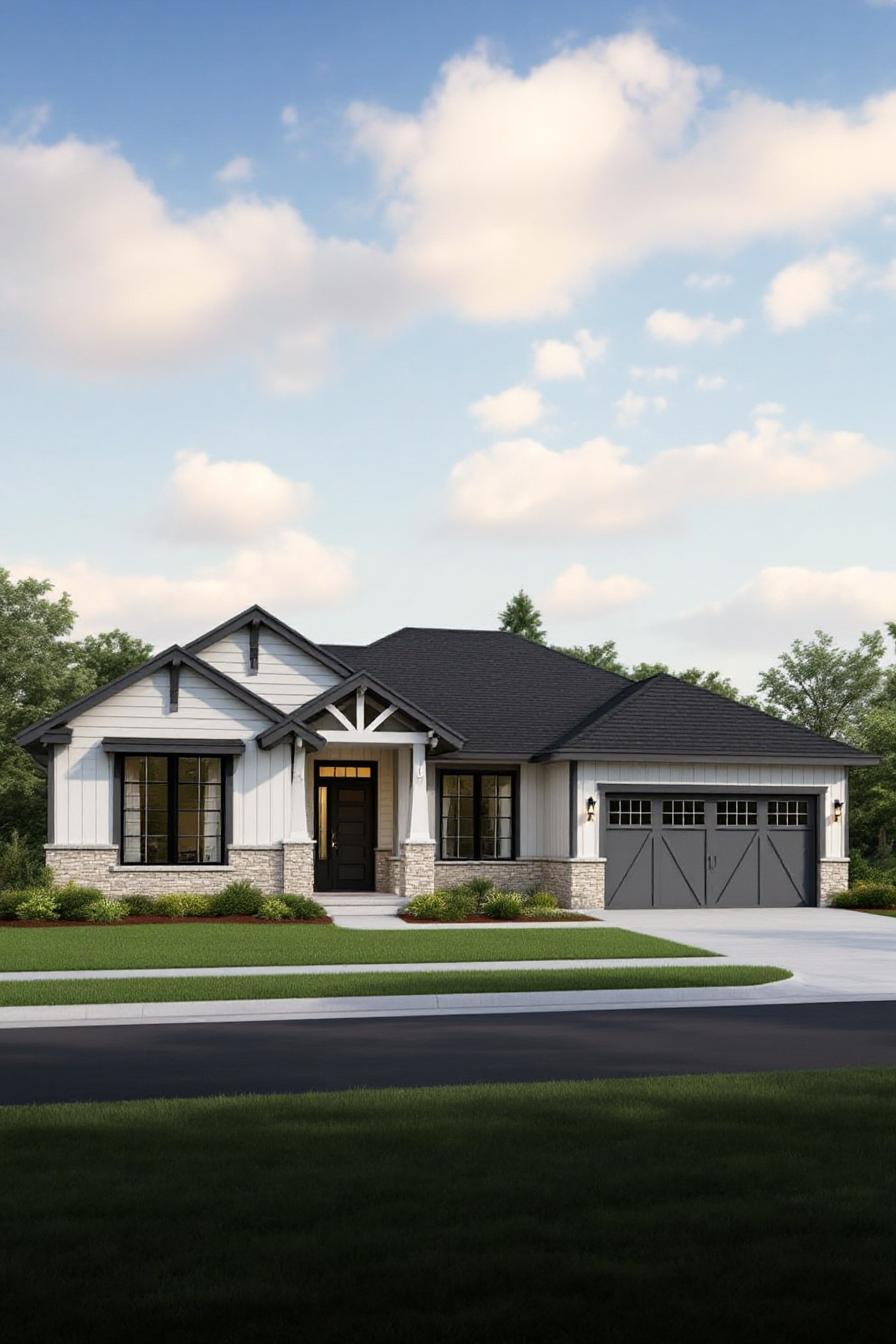 Cozy craftsman ranch house with stone accents