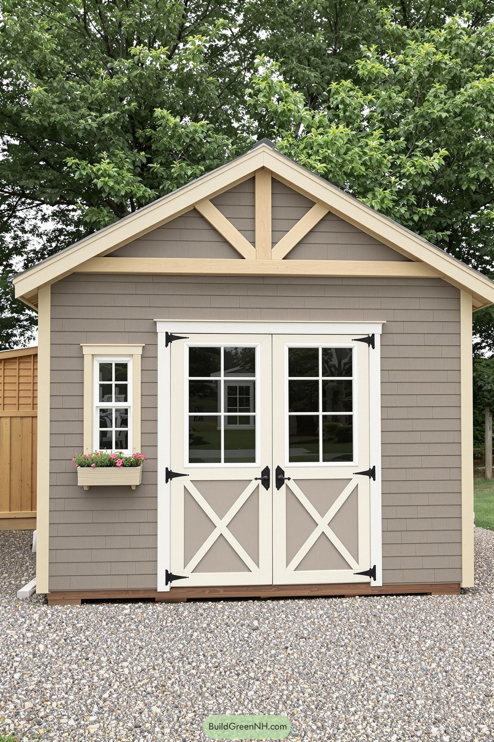 Craftsman shed with double doors and a window box
