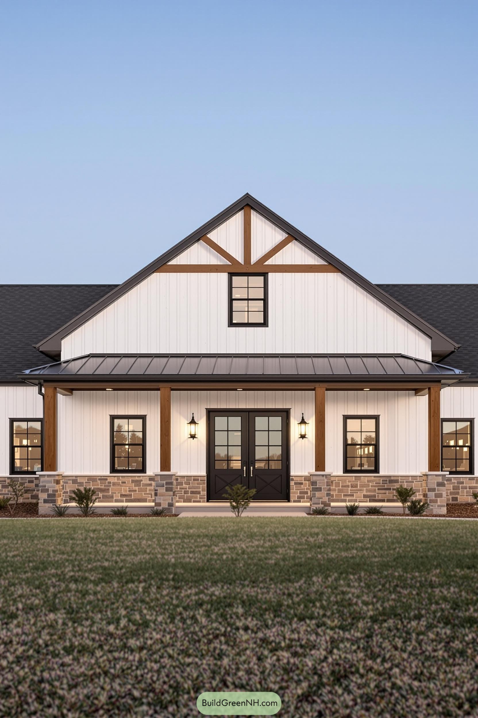 Charming pole barn house with stone accents