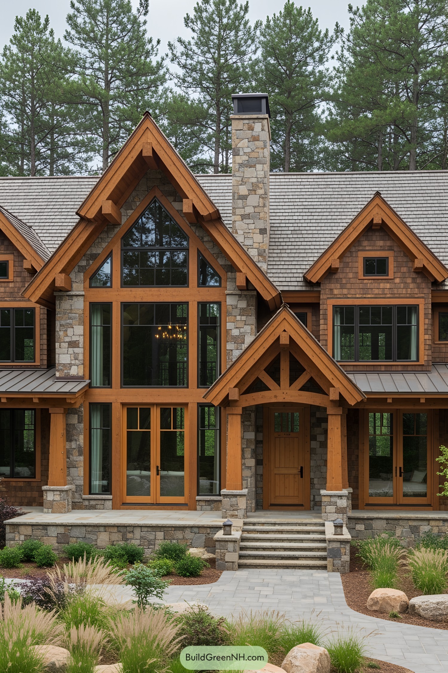 Rustic house with wooden and stone features amidst tall trees
