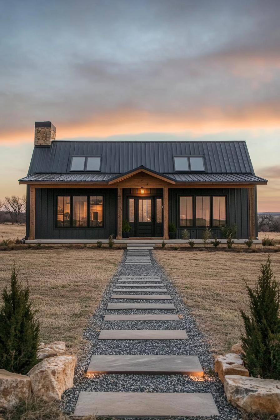Compact house with a metal roof and stone chimney at sunset