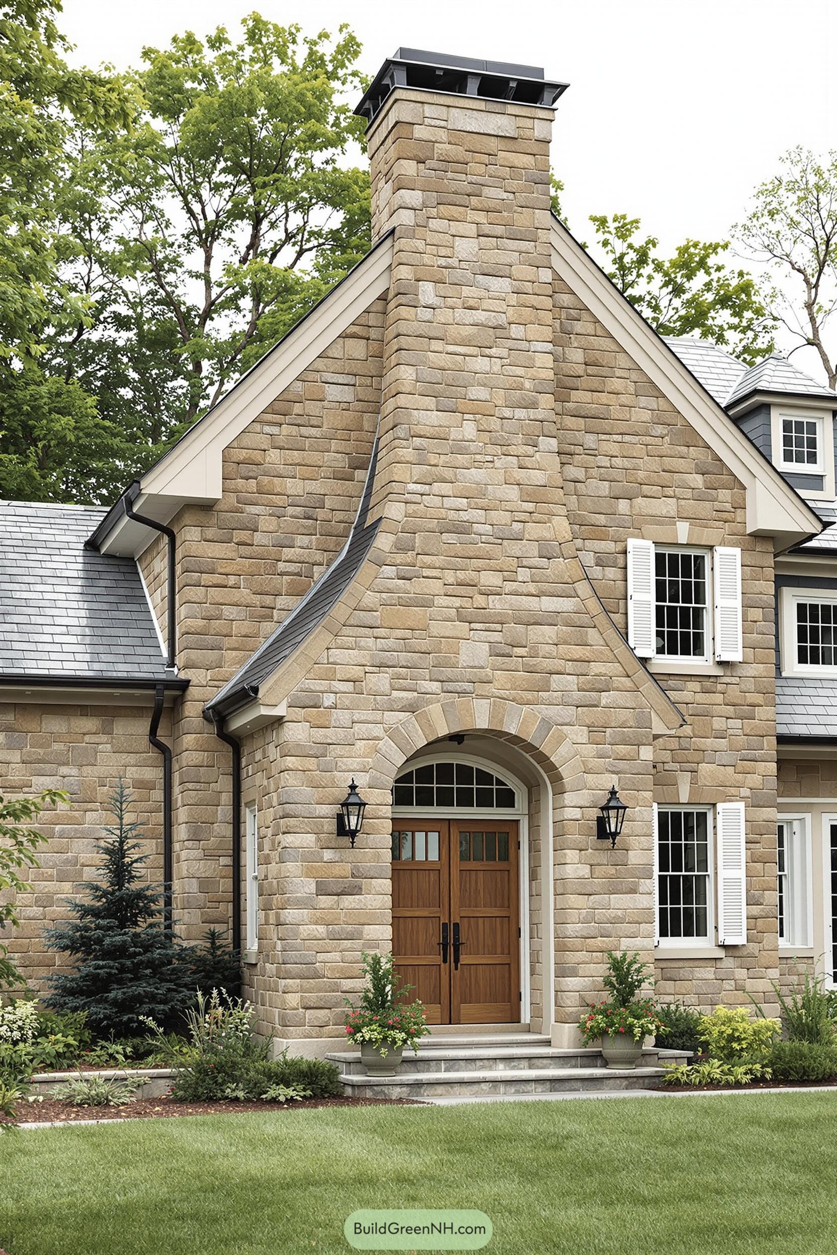 Stone farmhouse with a grand entrance and lush greenery