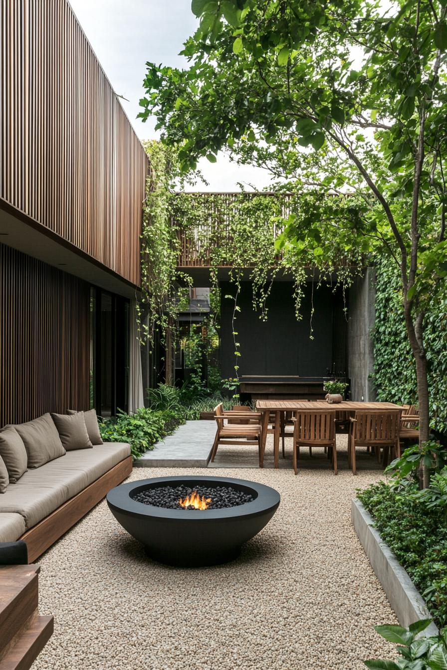 Modern courtyard with fire pit and lush greenery