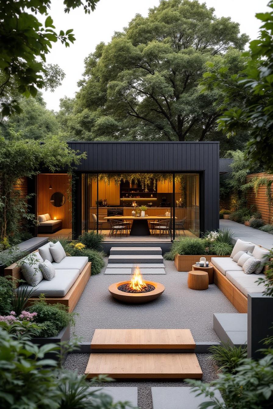 A beautifully designed sunken courtyard with modern furnishings and a fire pit