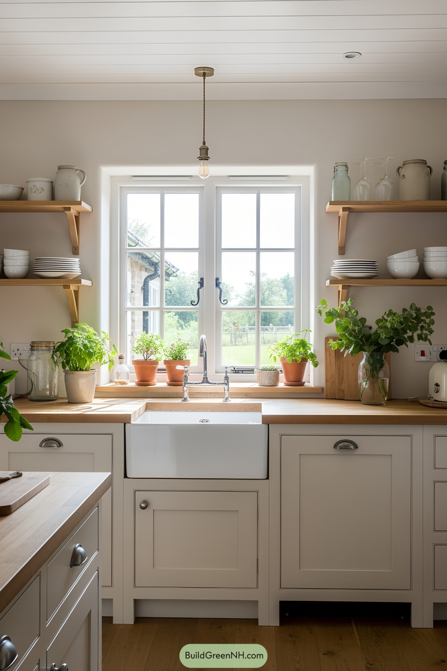 Farmhouse kitchen with potted herbs by the window