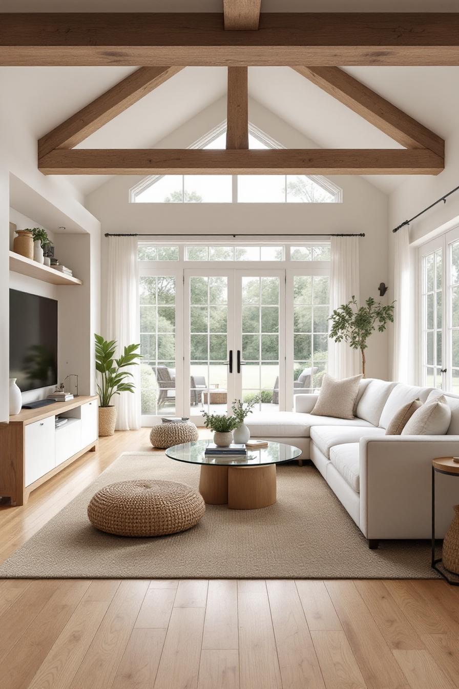 Bright farmhouse living room with cozy seating and wooden beams