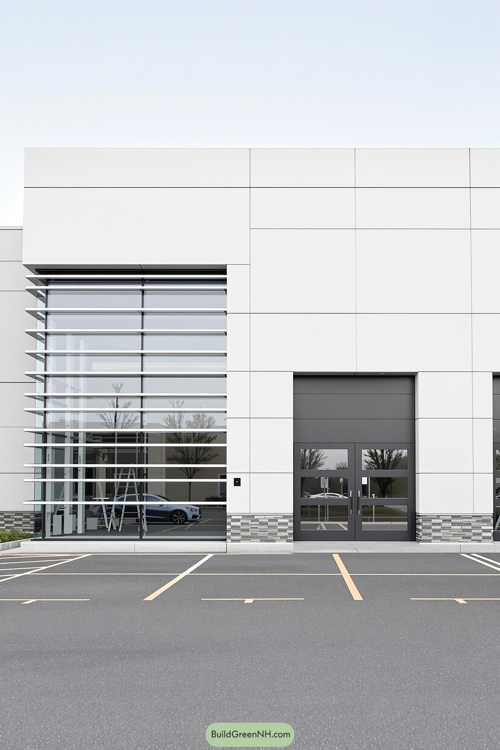 Contemporary building with glass elements and smooth surfaces