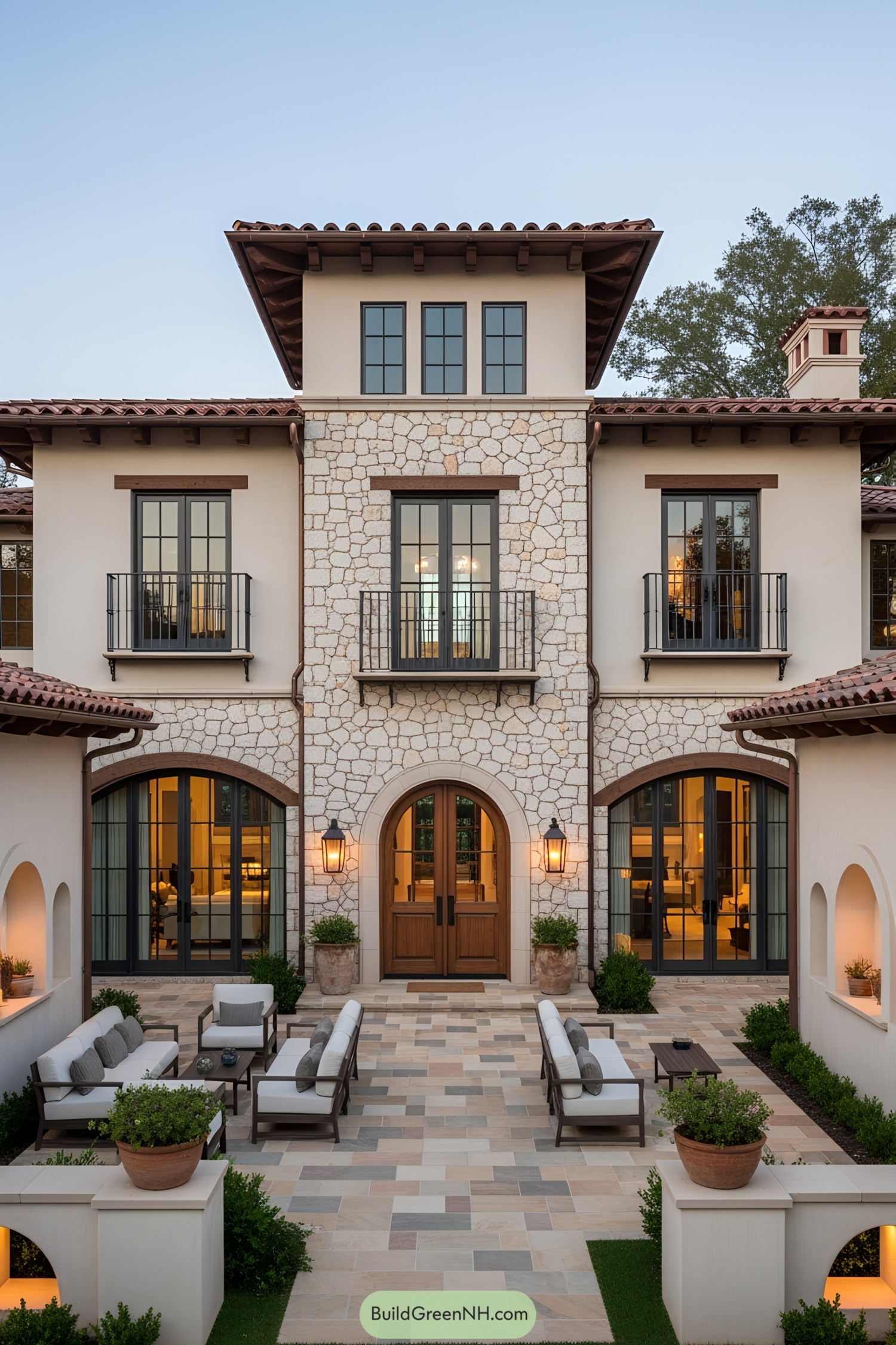 Elegant Mediterranean-style house with stone exterior and patio