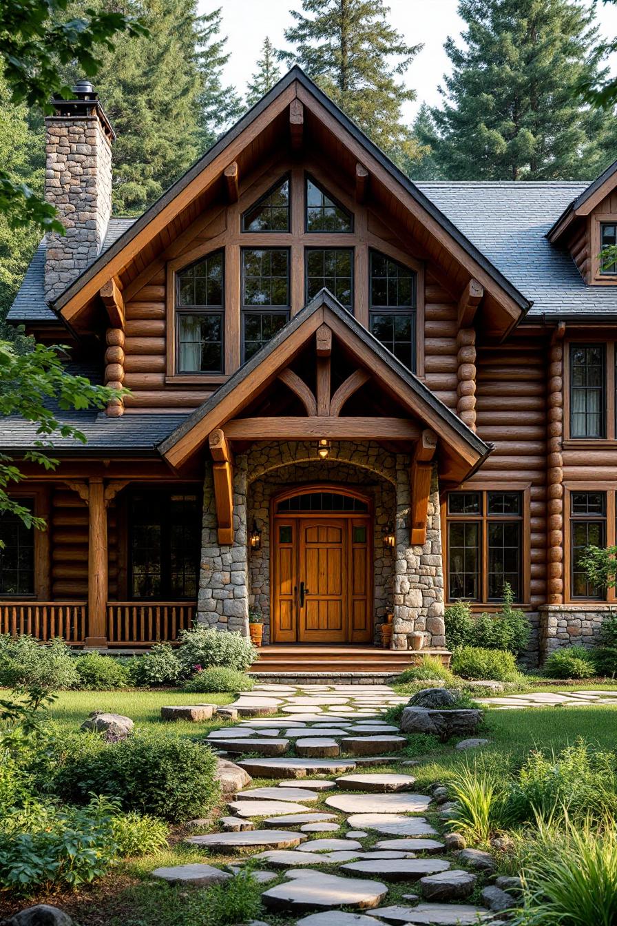 Inviting log cabin with a stone path in a forest setting
