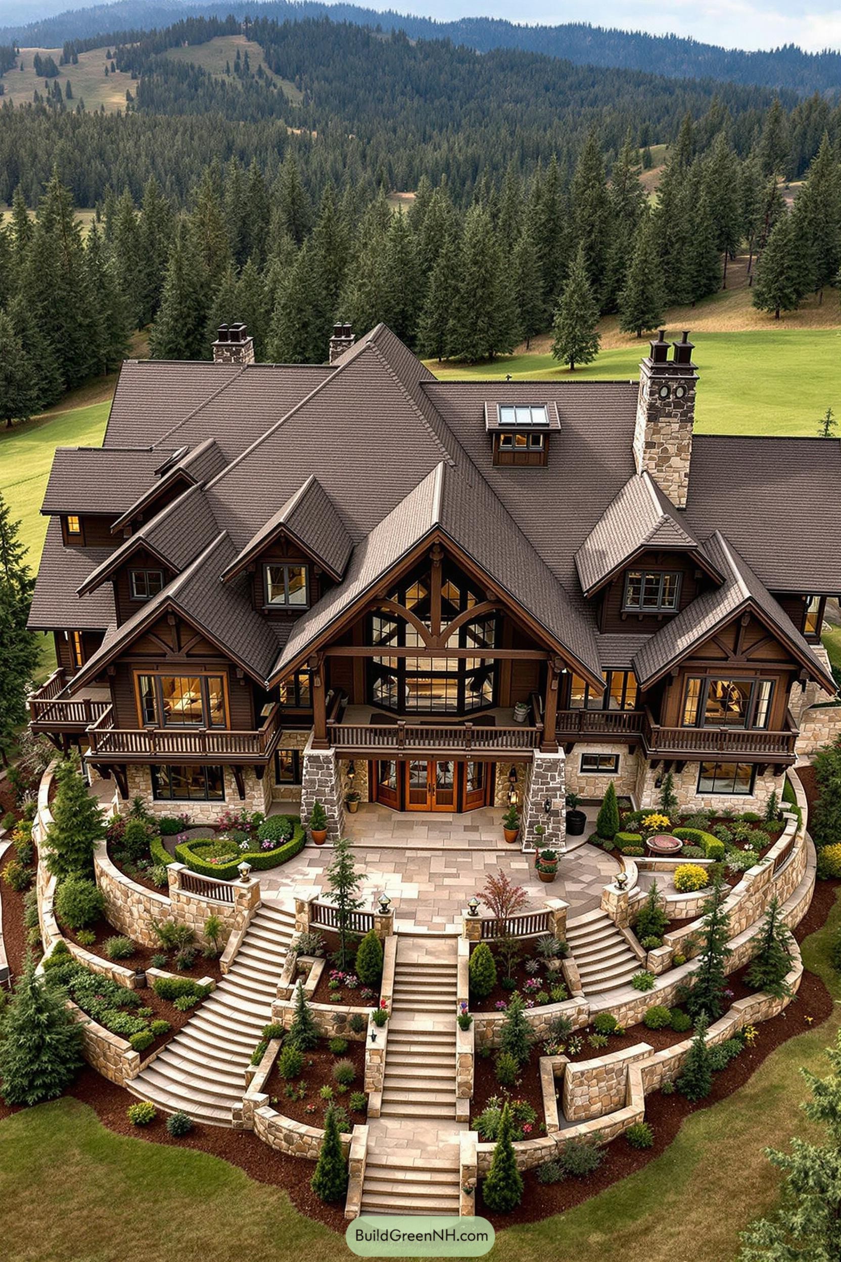 Luxurious ranch house with multiple gables and a stone facade