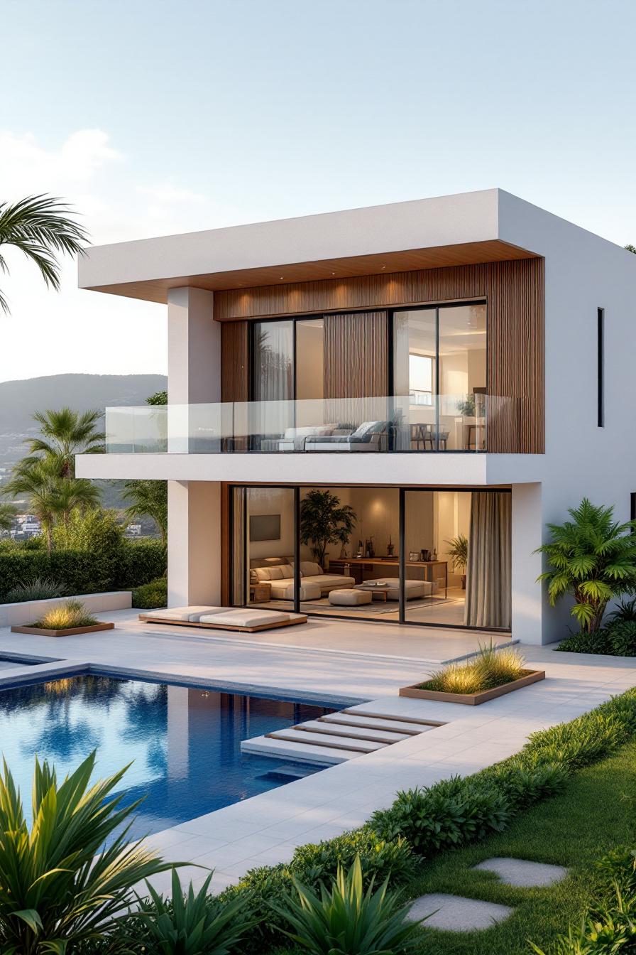 Modern luxury villa with pool and palm trees