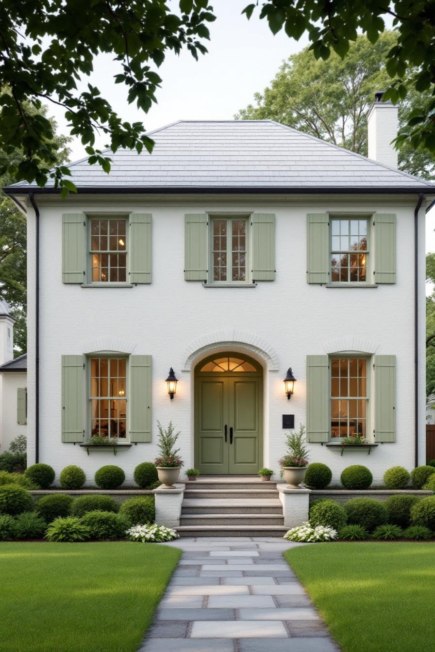 White brick house with green shutters and landscaped front yard