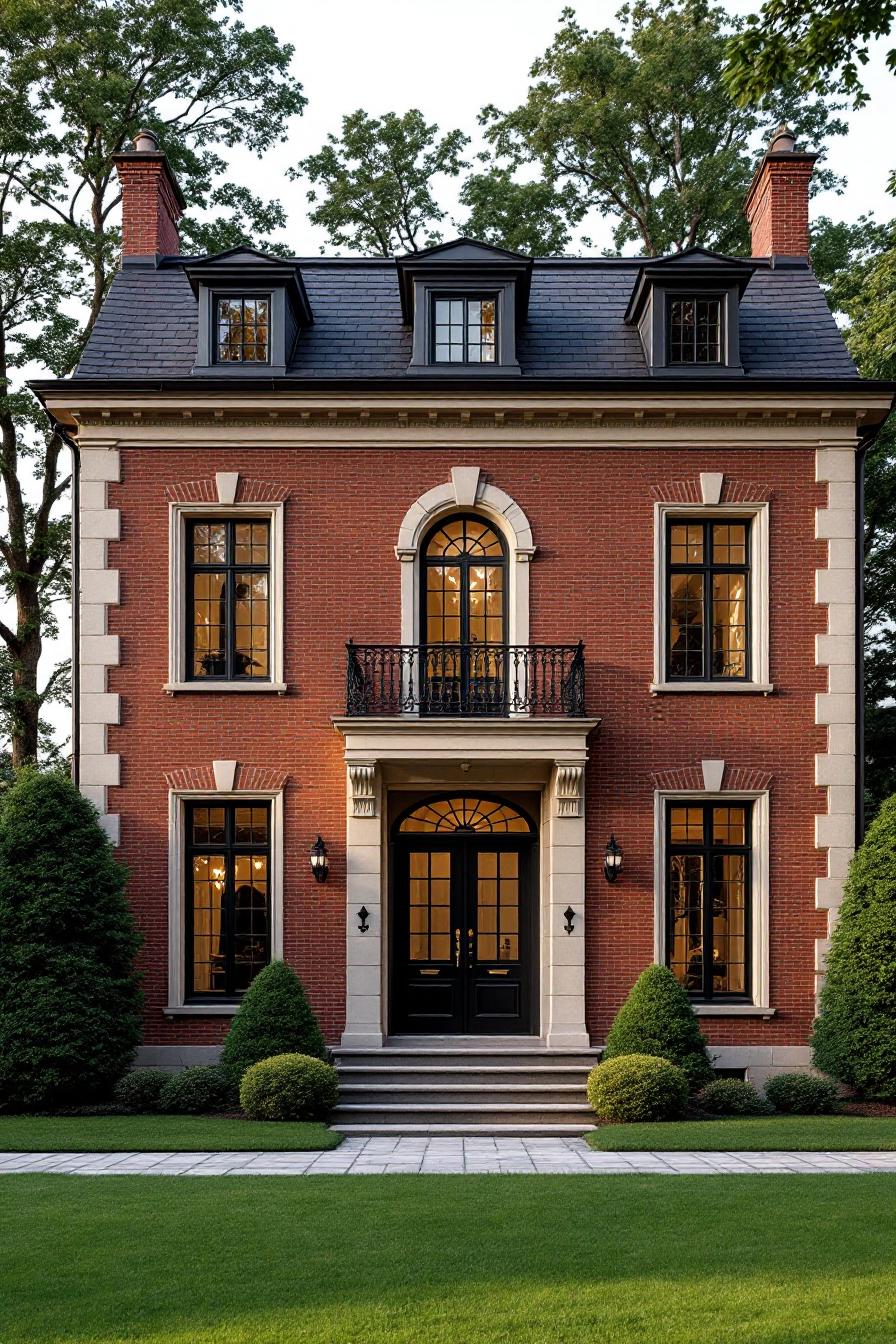 Classic red brick house with large windows and lush green lawn