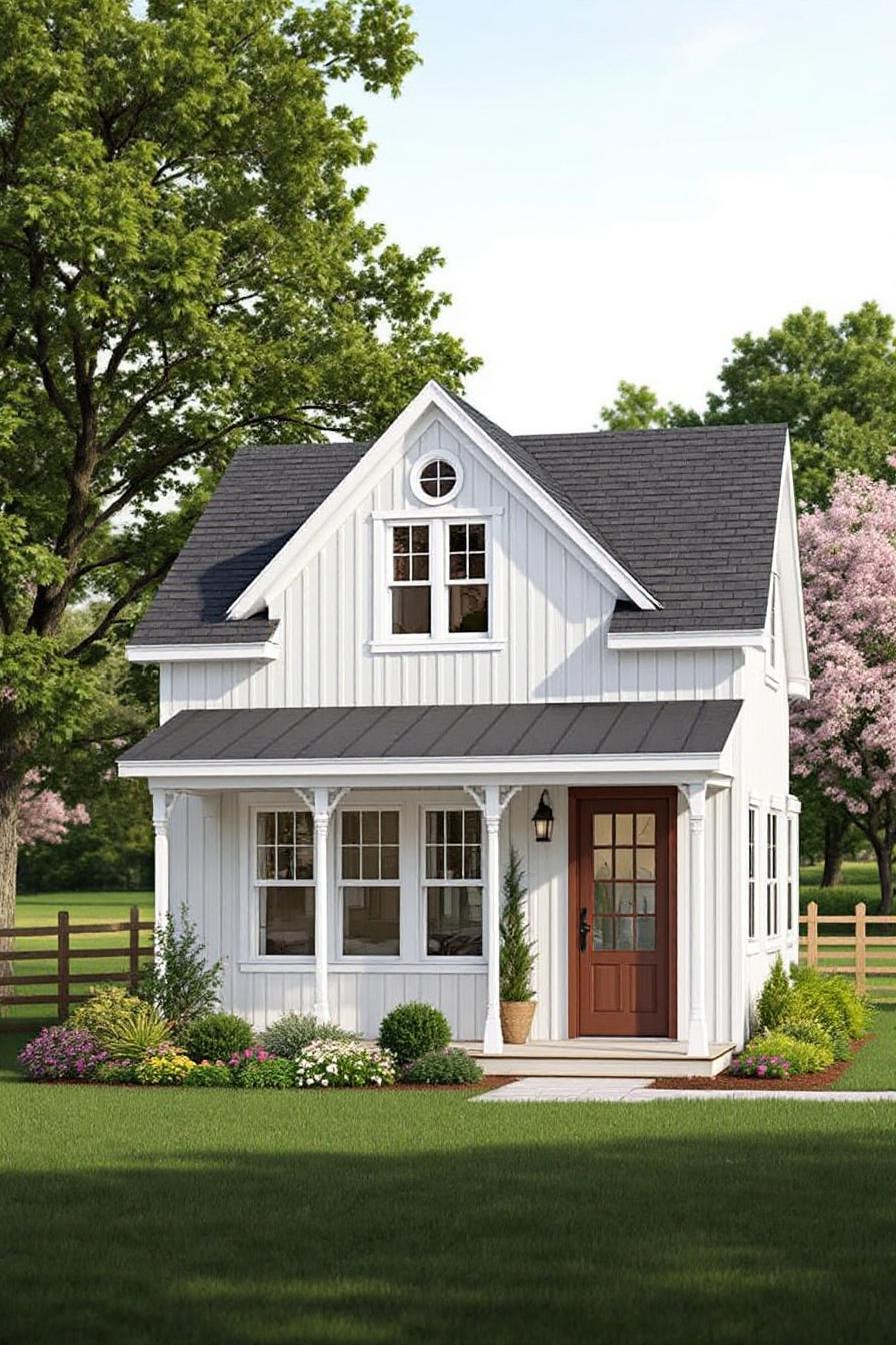 Quaint white cottage with a lush garden