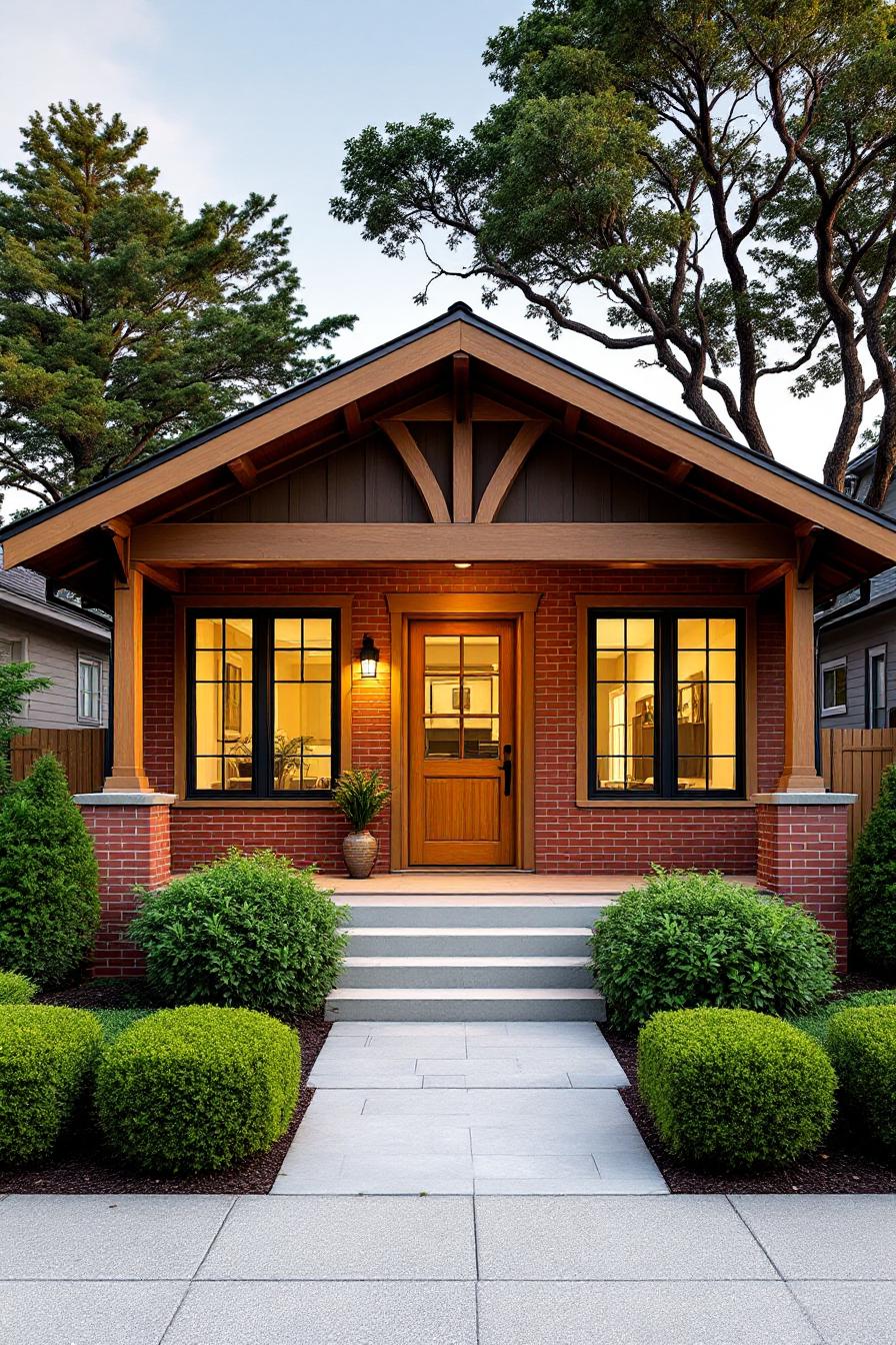 Charming craftsman bungalow with brick facade amidst lush trees