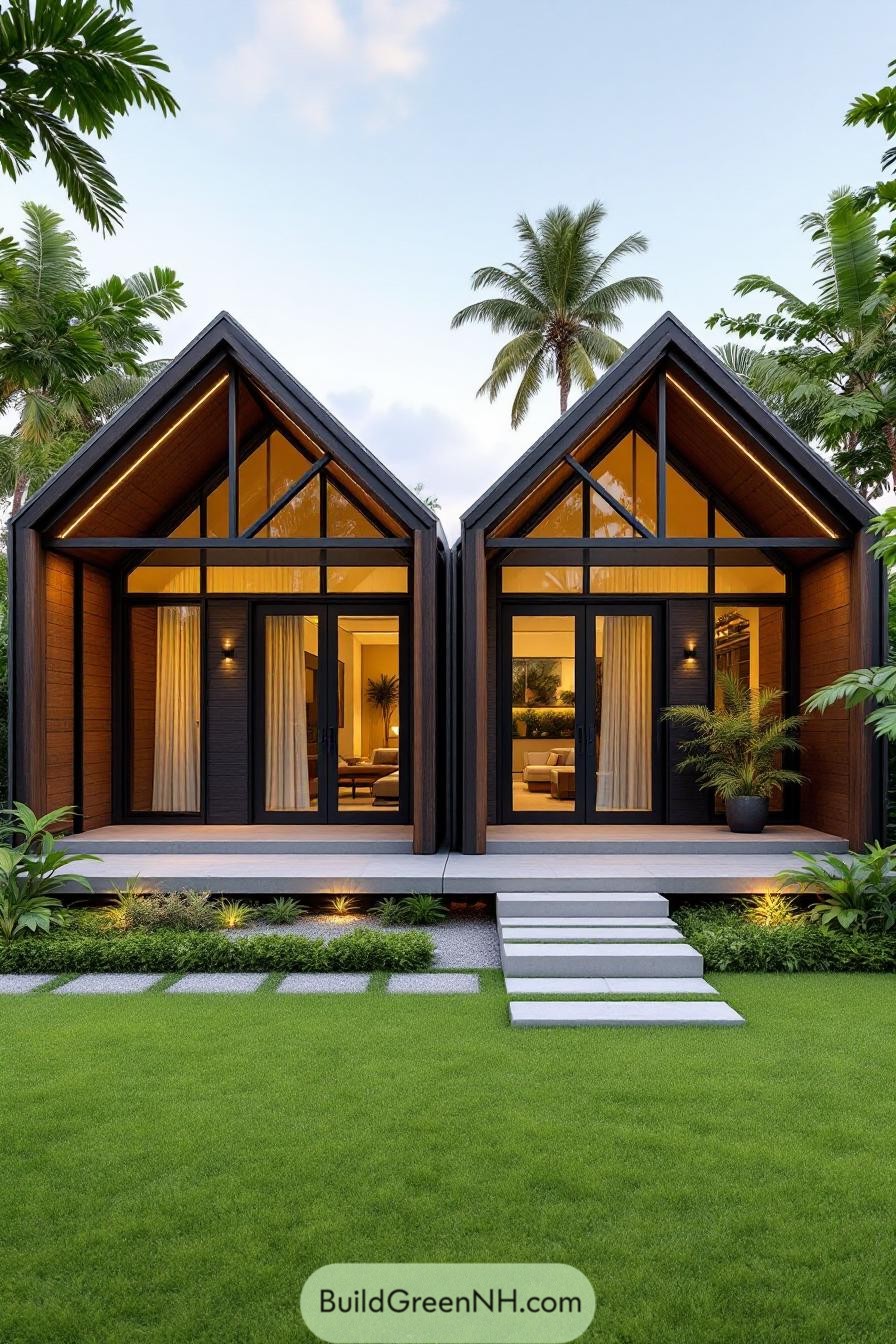 Cozy tropical house with triangular roofs and glass fronts