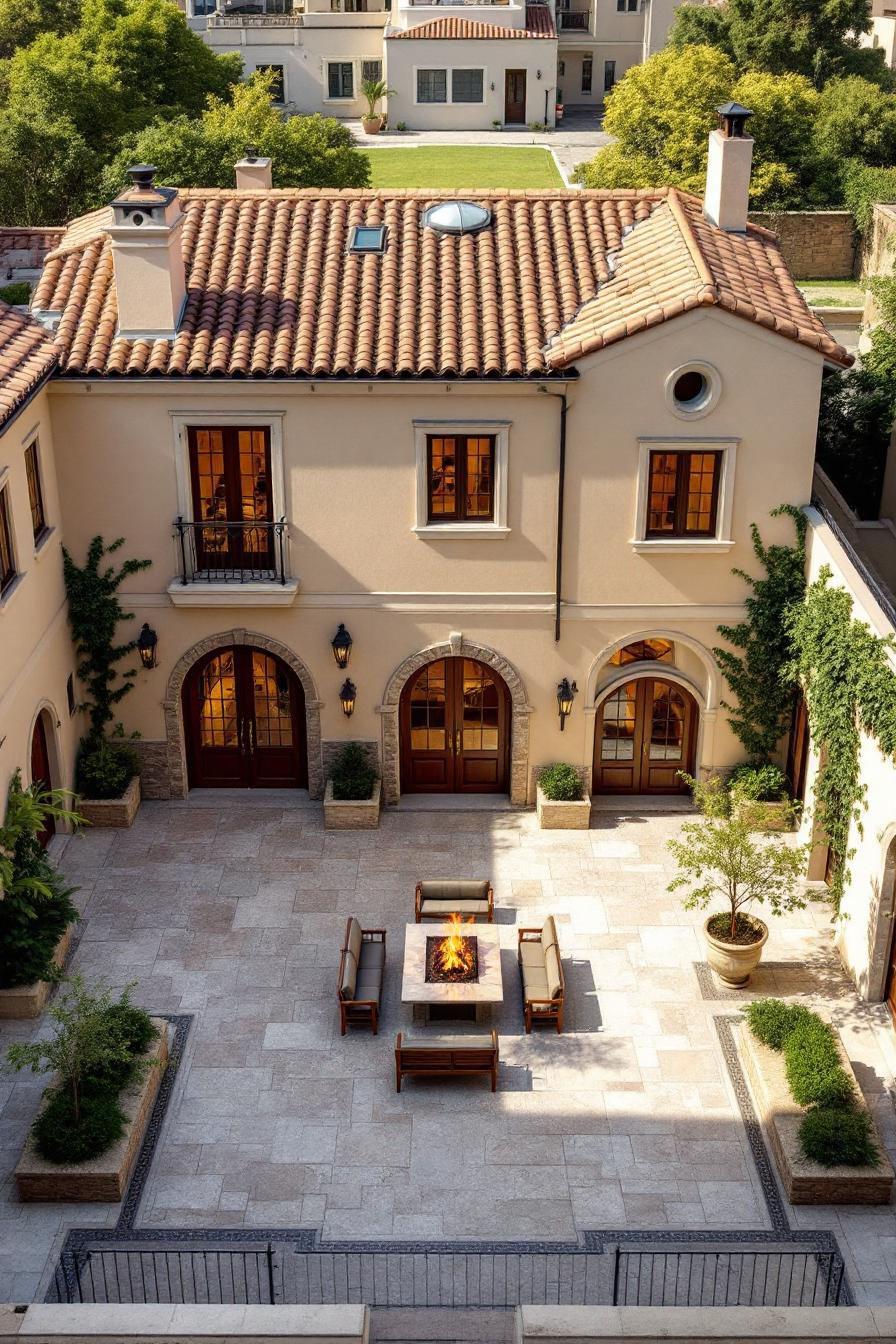 Elegant Spanish courtyard with fire pit and seating