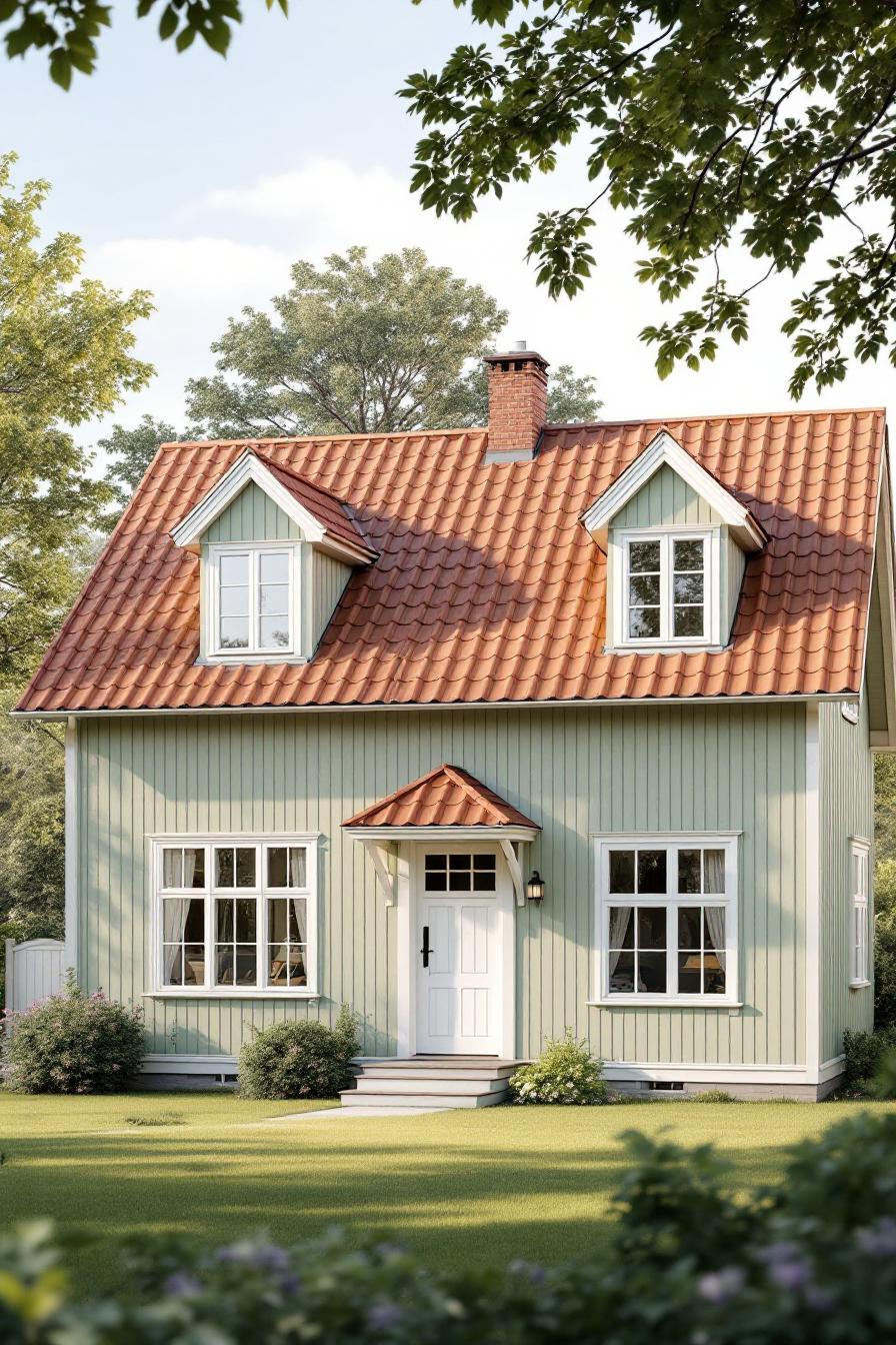 A traditional Swedish house with a red-tiled roof and pastel green walls