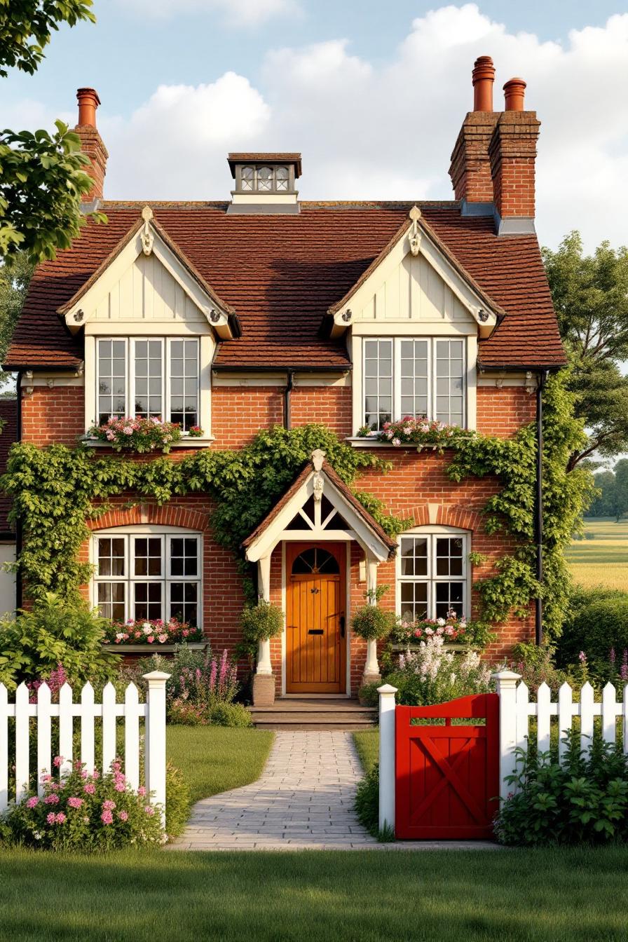 Cozy cottage with red brick and ivy