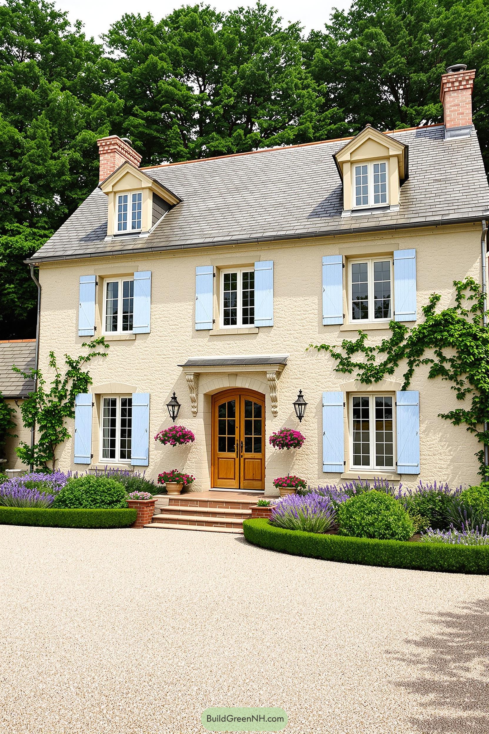 Elegant country-style house with blue shutters