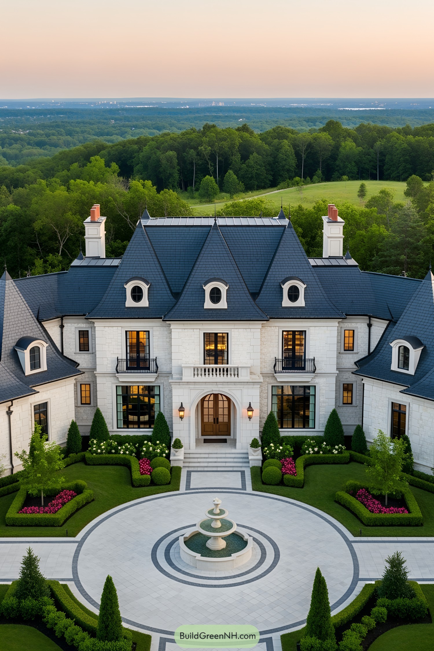 Grand house with slate roof and circular driveway