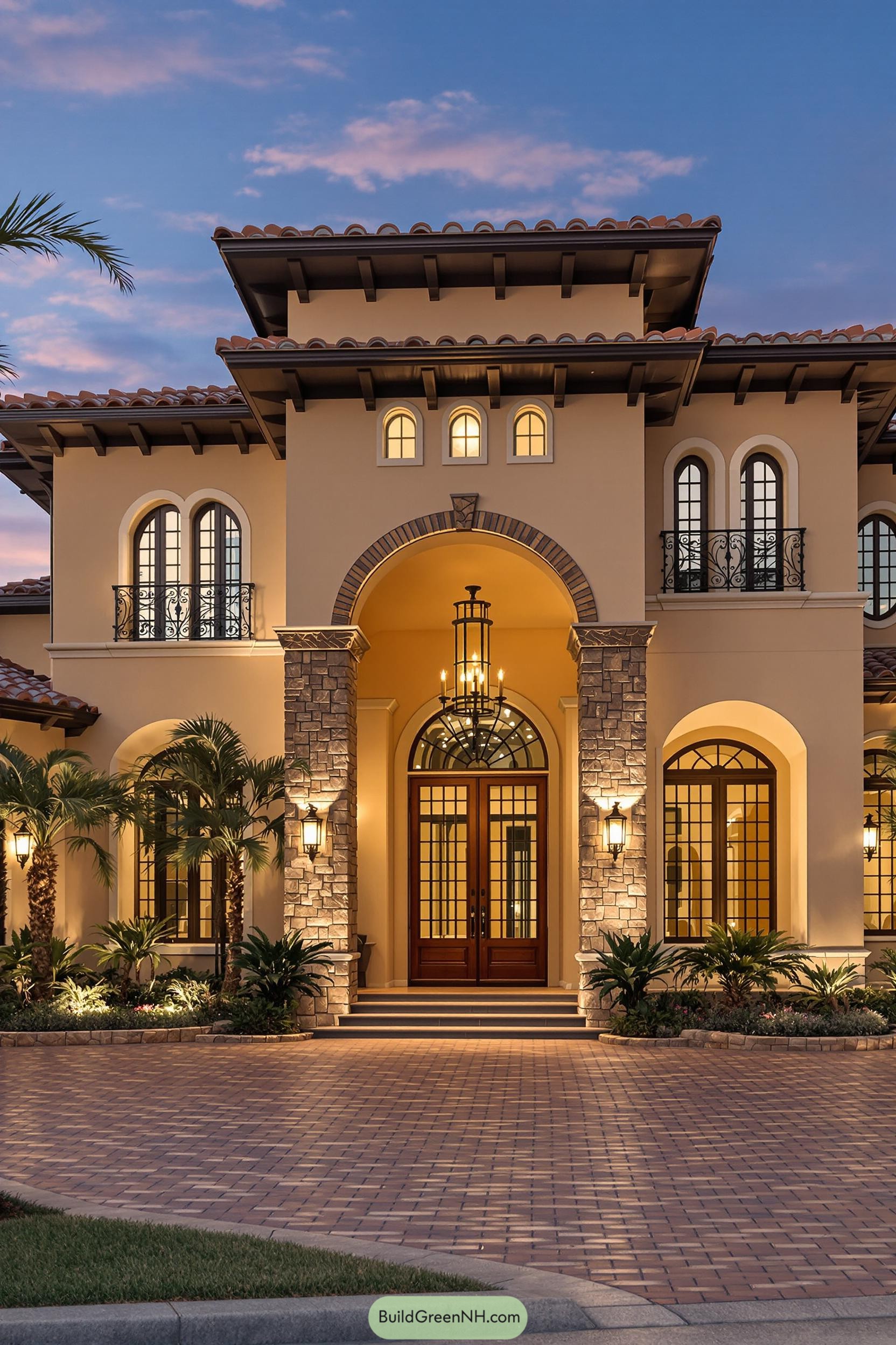 Elegant Tuscan mansion at dusk with arched entrance and warm lights