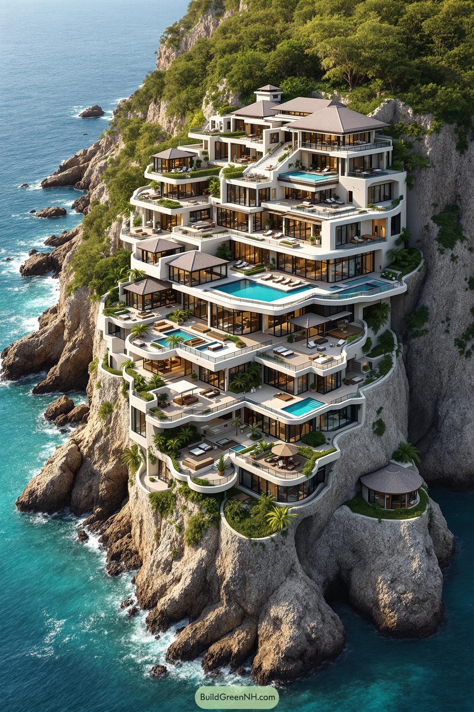Luxurious multi-level mansion perched on a cliff