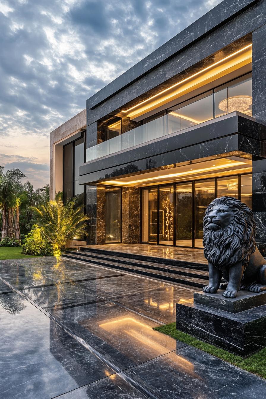 Modern mansion with dark marble, glowing lights, and a lion statue