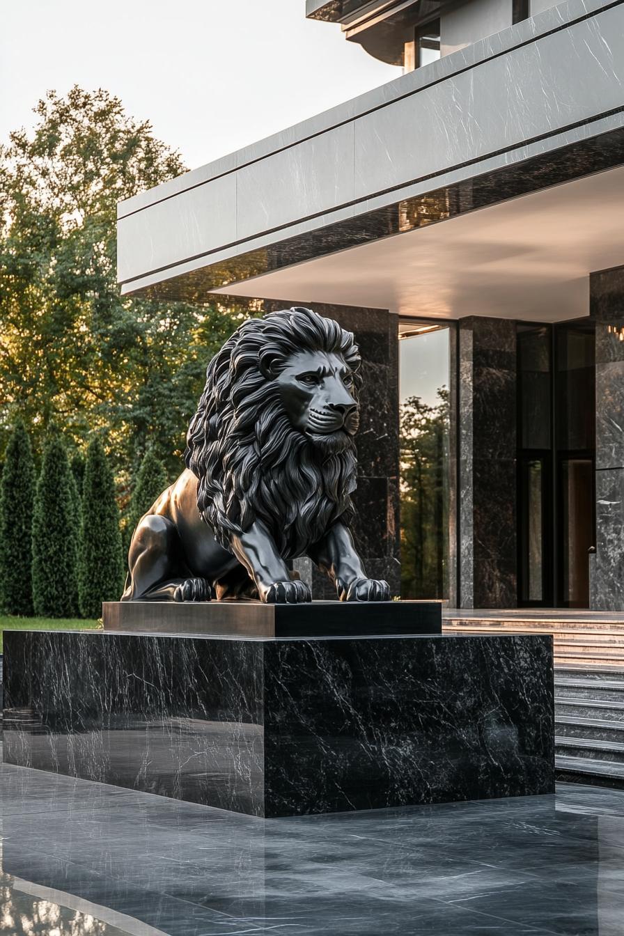 Large black lion statue in front of a luxurious marble house