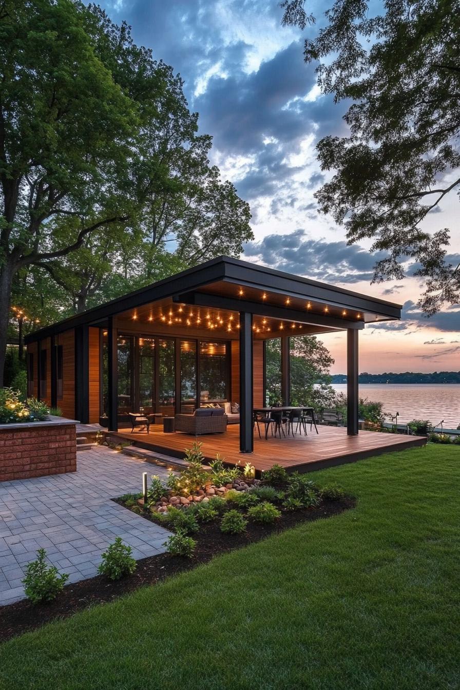 Modern lake house at sunset with a wooden deck