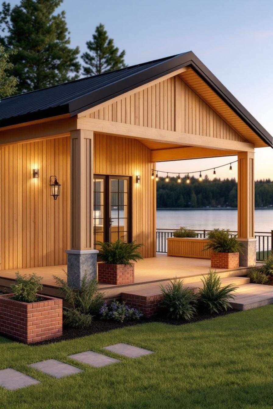 Cozy wooden cabin next to a tranquil lake
