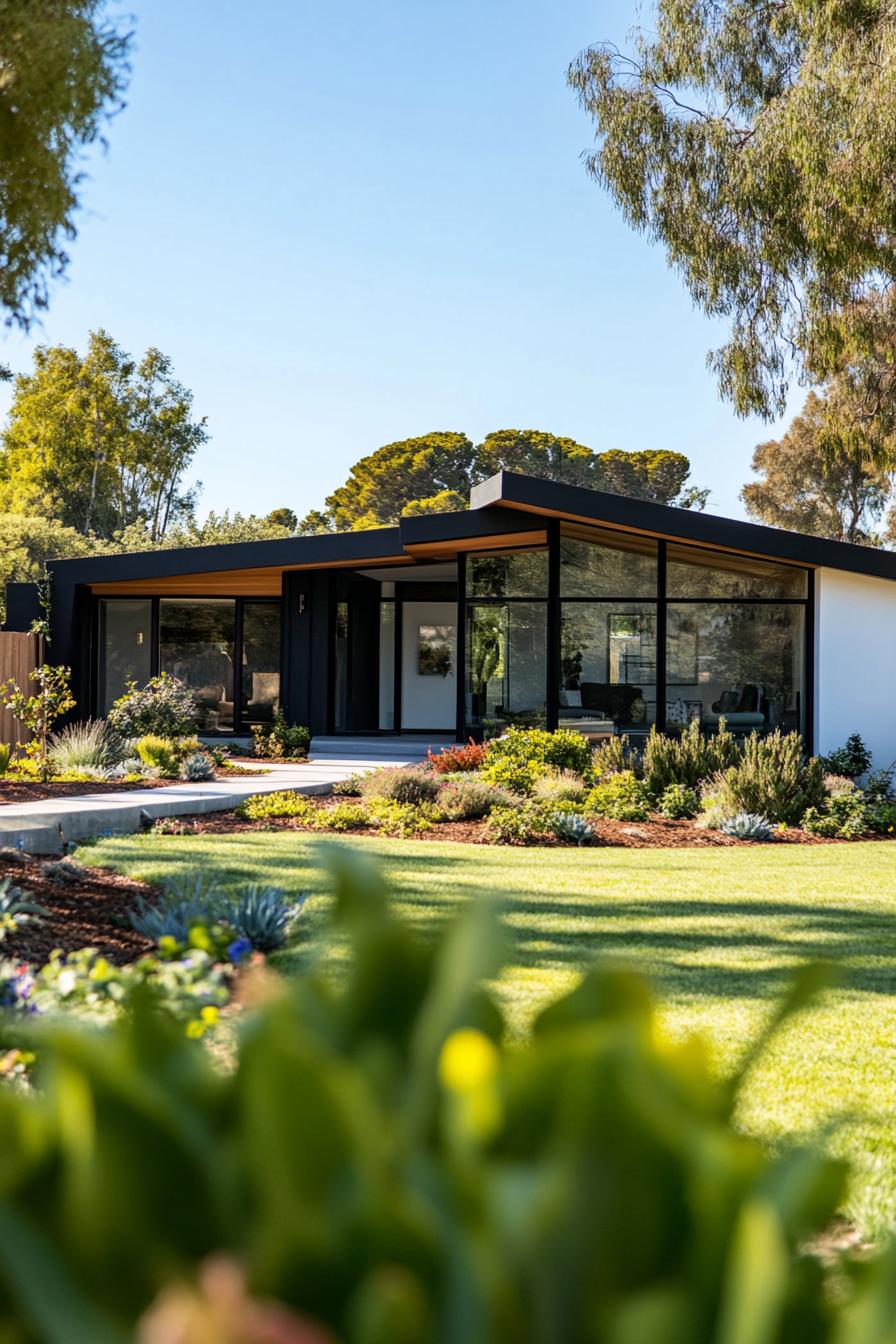 Modern bungalow with large glass windows and a lush front garden