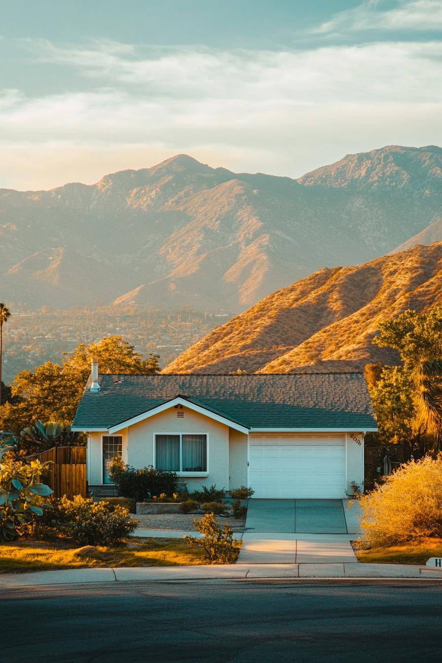 Quaint bungalow framed by mountains and sky