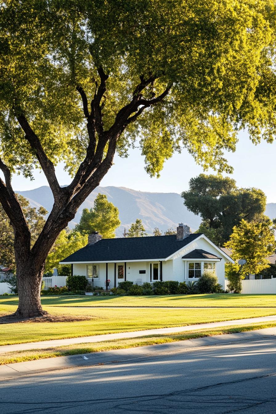 Cozy bungalow with lush surroundings and mountain backdrop
