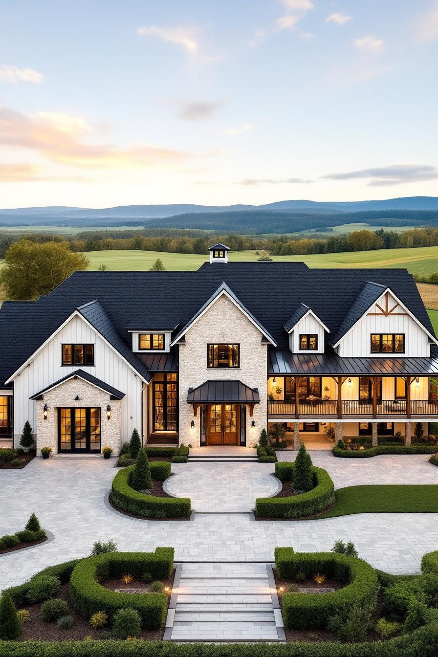 Elegant countryside house amid vast fields and rolling hills